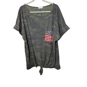 Camo Print Womens Top With American Flag Pocket & Front Tie Design 3X